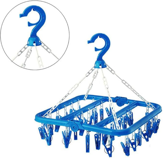 SteelFever Clothes Drying Hanger with 32 Clips, Foldable Hanging Drying Rack for Clothes Underwear Socks (Blue)