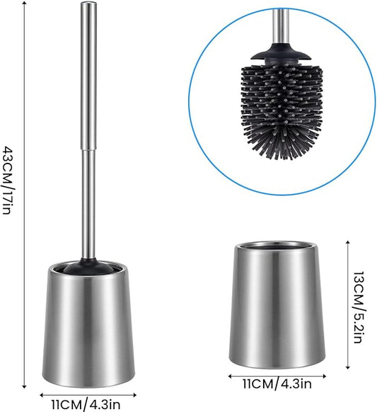 Stainless Steel Toilet Brush and Holder Toilet Brush Bowl Cleaning Brush Double Layer Holder Long Brush Handle High Density Silicone Head
