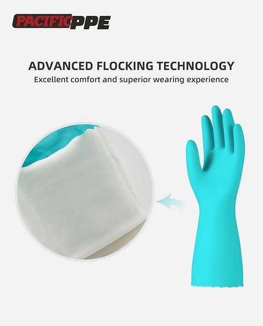 PACIFIC PPE Cleaning Gloves with Latex free, Dishwashing Kitchen Gloves with Cotton Flocked Liner, Reusable, Non-Slip, Water Resistant Household Gloves, Green, Medium
