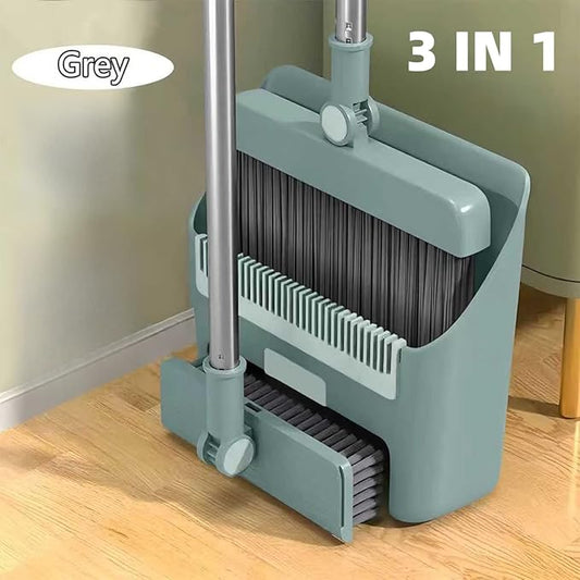 3 in 1 Broom and Dustpan Set with Adjustable Push Broom with 48.8“ Long Handle for Floor Sweeping Outdoor Indoor Sweeping Combo for Home & Kitchen (Green)
