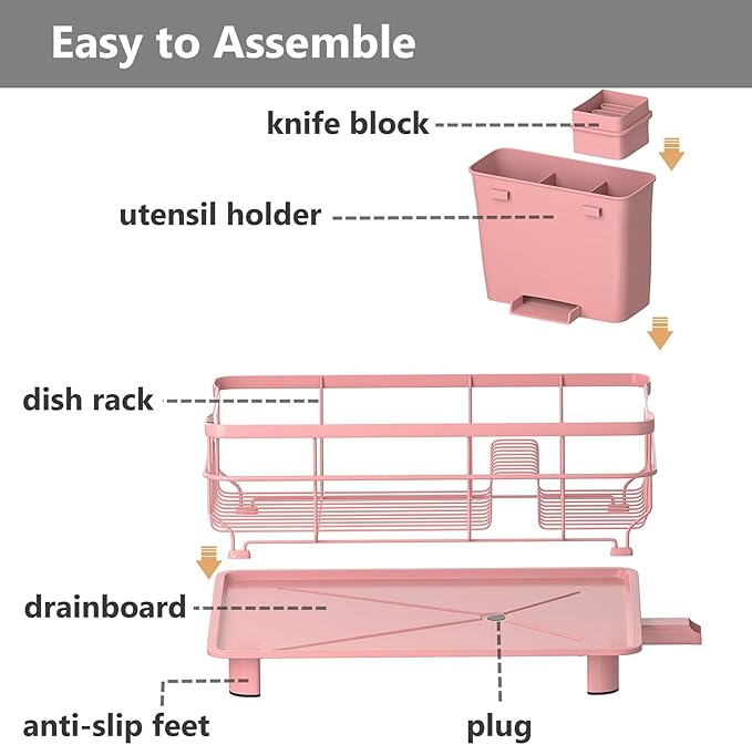AIDERLY Iron Dish Drying Rack Auto Drain Dish Drainers Kitchen Counter Strainer with Draining Tray, Pink