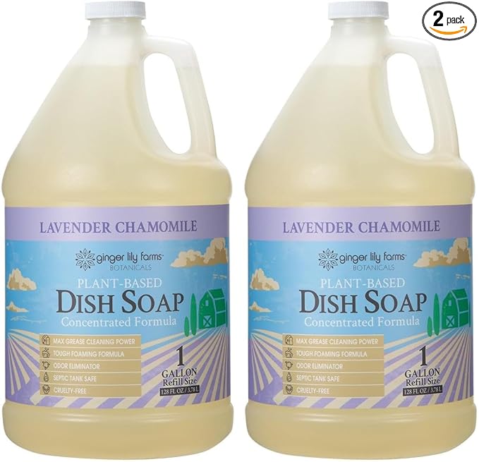 Ginger Lily Farms Botanicals Plant-Based Liquid Dish Soap, Concentrated Formula with Max Grease Cleaning Power, Cruelty-Free, Lavender Chamomile Scent, 1 Gallon Refill (128 Fl. Oz.), (Pack of 2)
