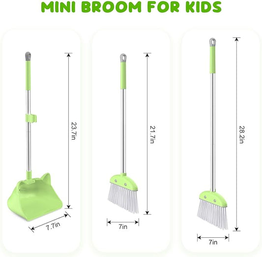 Mini Broom with Dustpan for Kids, 28-in Handle Kids Broom and Dustpan Set for Toddlers Cat-Shaped Children Broom and Cleaning Set Boys Girls Small Housekeeping Helper Set, Green