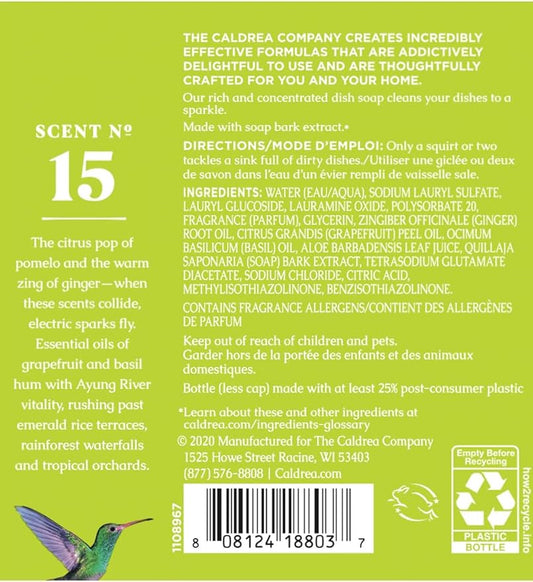 Caldrea Dish Soap, Biodegradable Dishwashing Liquid made with Soap Bark and Aloe Vera, Ginger Pomelo, 16 oz , 3 Pack