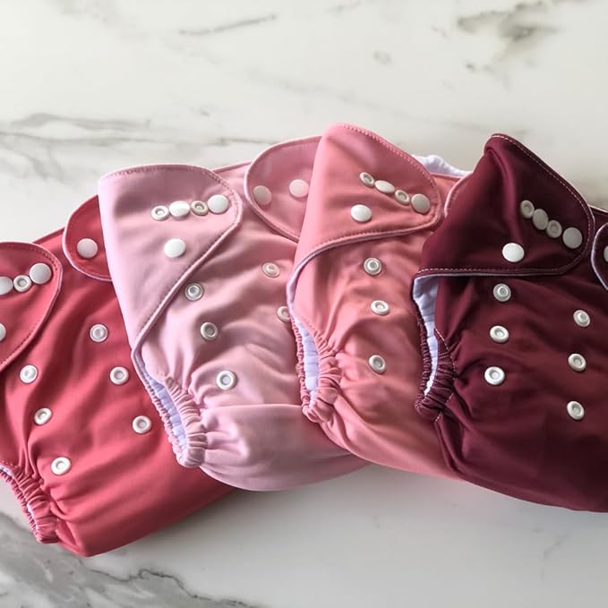 Nora's Nursery Cloth Pocket Diapers 4 Pack with 4 Inserts - Waterproof Cover, Washable, Reusable & One Size Adjustable Pocket Diapers for Newborns and Toddlers - Berry Mauve
