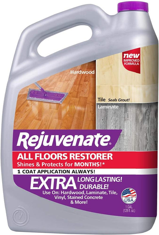 Rejuvenate All Floors Restorer and Polish Fills in Scratches Protects & Restores Shine No Sanding Required (128 oz) and Rejuvenate Cabinet And Furniture Restorer Fills In Scratches, Shines And Protects Indoor Cabinets And Furniture, 16 Ounces
