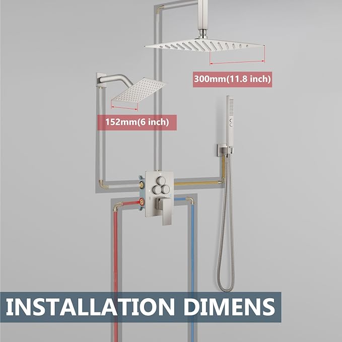 Aolemi Shower Faucet Set Ceiling Mount Shower System Rough-in Valve and Shower Trim Kit 2 in 1 Handheld Spray Push Button Diverter 12 and 6 Inch Dual Shower Head Brushed Nickel