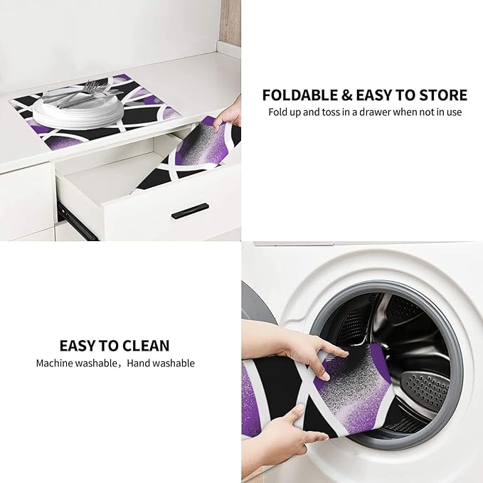 Purple Black White Geometric Abstract Dish Drying Mat for Kitchen Counter & Sink, Absorbent Microfiber Drying Pad for Dishes, Foldable Modern Art Kitchen Mat for Dining Area & Home Decor, 16" x 18"