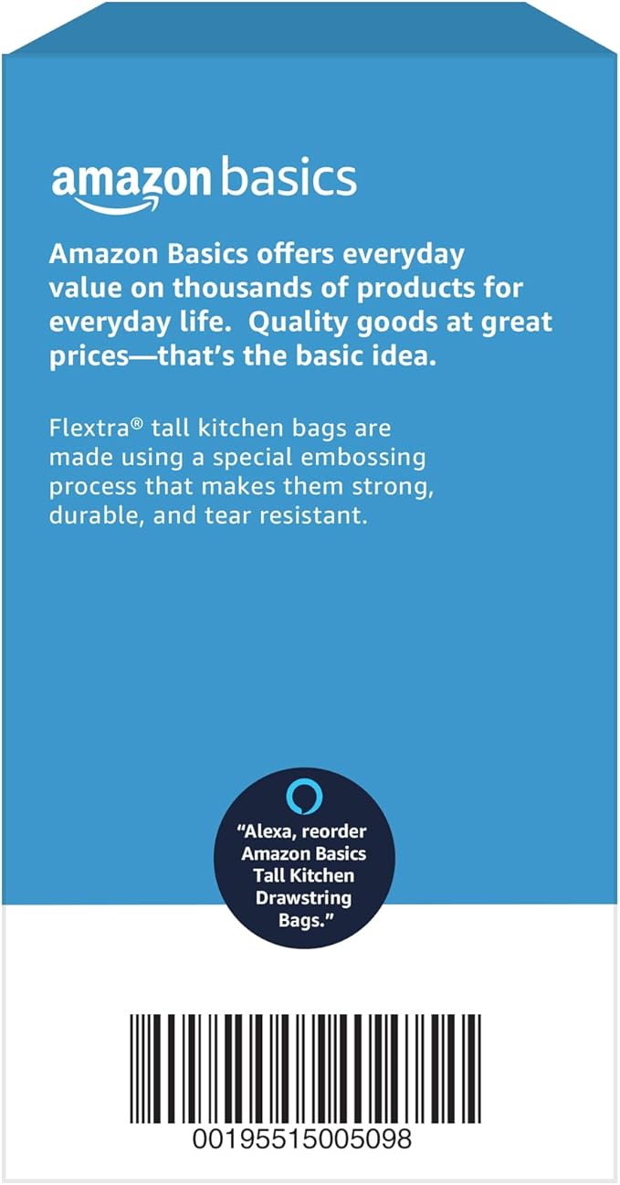 Amazon Basics Flextra Tall Kitchen Drawstring Trash Bags, 13 Gallon, 50 Count, Tear-Resistant, Unscented