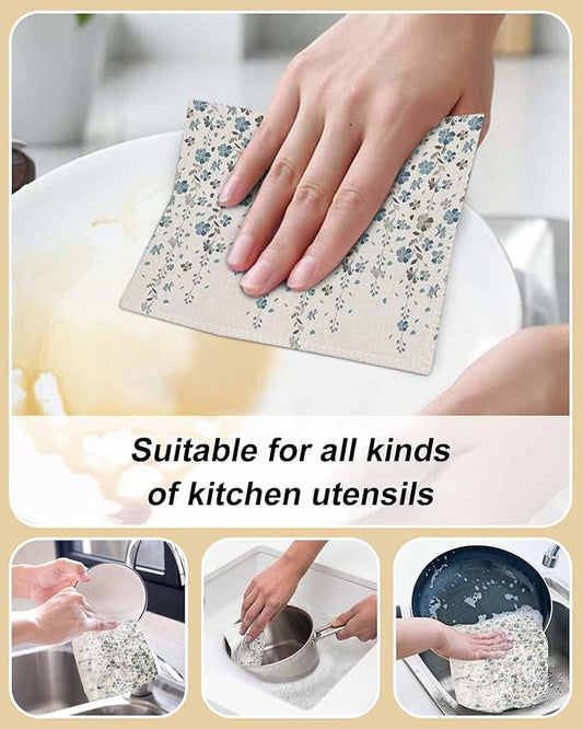 4 Pack Flower Blue Kitchen Dish Cloths, Grey Cherry Blossoms Cotton Linen Background Dishcloths for Kitchen, Reusable Paper Towels, Super Absorbent Quick Drying Washcloths Cleaning Wipes, 6x5 inch