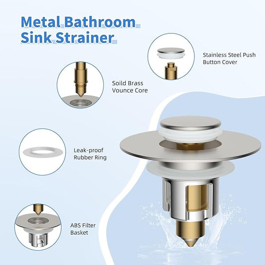 iFealClear 2 Pack Metal Universal Bathroom Sink Stopper, Upgraded Stainless Steel Sink Drain Strainer for 1.1''~2.36" Basin Pop Up Drain Strainer, Anti-Clogging Filter Basket, Brushed Nickel
