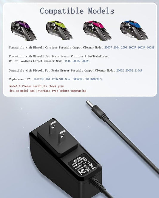 Charger for Bissell Pet Stain Eraser 2054 2002 20037 20028 2002Q 2003 2003A 2164A Cordless Handheld Portable Vacuum Cleaner Replacement 1611736 Adapter Power Cord