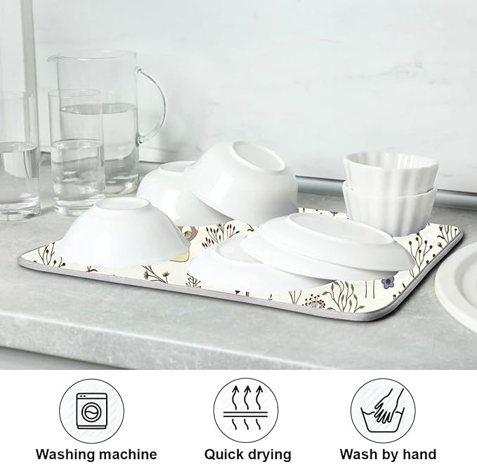 Cute Mushroom Wild Plant Dish Drying Mat for Kitchen Counter Absorbent Microfiber Drying Pad, Medium 16x18 in, Reversible Drainer Mats