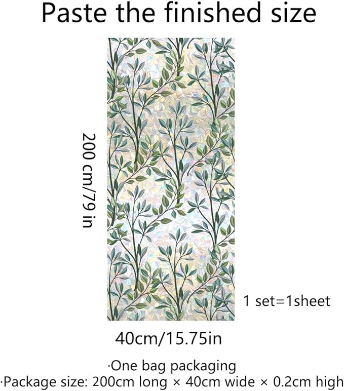 Runtoo Window Privacy Film Rainbow Plant Leaves Clings 3D Decorative Vinyl Stained Glass Window Decals Static Sticker Non-Adhesive, 15.75 x 79 inches