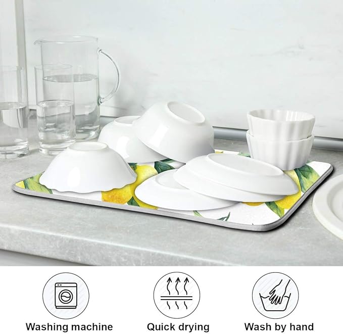 Tropical Lemon Leaves Dish Drying Mat 18x24 for Kitchen Lemon Yellow Lime Tree Dishes Pad Dish Drainer Rack Mats Absorbent Fast Dry Kitchen Accessories