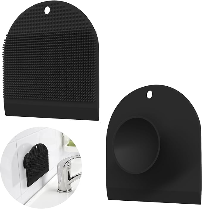2 Pack Silicone Sink Cleaning Brush with Squeegee, Flexible Non-Scratch Dish Scrubber for Kitchen and Bathroom Sink, Countertop & Dishwashing, Suction Cup Hanging Design (Black)