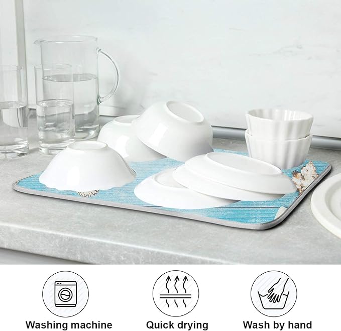 Seashells Starfish Dish Drying Mat for Kitchen Counter Super Absorbent Dish Mat Drying Kitchen Mat 16X18 inch Dish Drying Matt for Kitchen Dish Drying Mat
