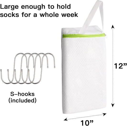 5 PACK Hanging Mesh Laundry Bags with S Metal Hooks,10x12 Inch Hanging Socks Laundry Bags, Washing Machine, for Ball Storage, Travel, Toys, Sports Factories, Dorms
