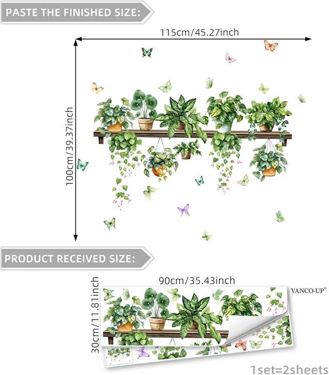 2 Sheets Potted Green Plants Wall Stickers & Murals Peel and Stick Removable Wall Decals Living Room Vinyl 3D Wall Stickers for Bedroom Bathroom Cabinet Vine Wall Clings Decor with Butterflies