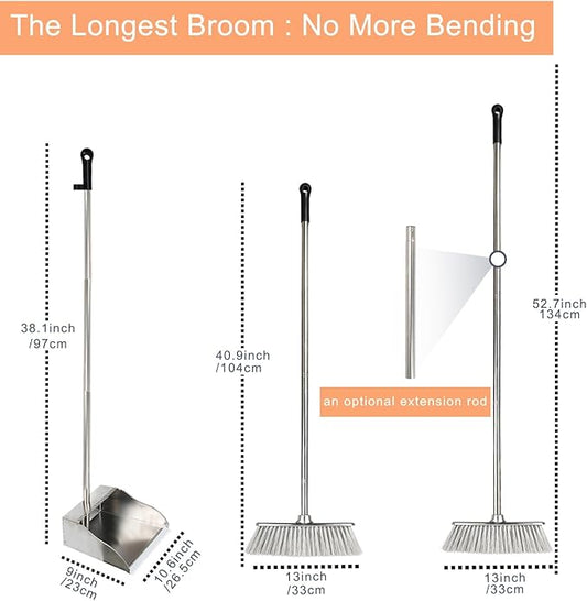 Broom and Dustpan Set,Soft Bristles Indoor Kitchen Broom with Stainless Steel Dustpan ,Metal Dust Pan,Silvery White, Suitable for Ceramic Tiles, Solid Wood, Composite Flooring