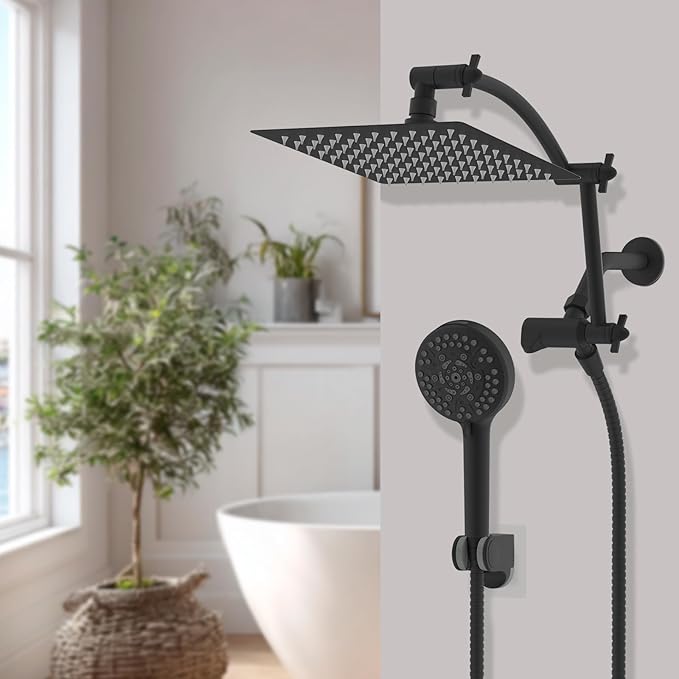 Hibbent All Metal cUPC Certified Shower Head, 8'' High Pressure Rain Shower Head, Handheld Showerhead Combo with 16'' Adjustable Extension Arm, 10 Sprays, 71'' Hose, Showerhead Holder, Matte Black
