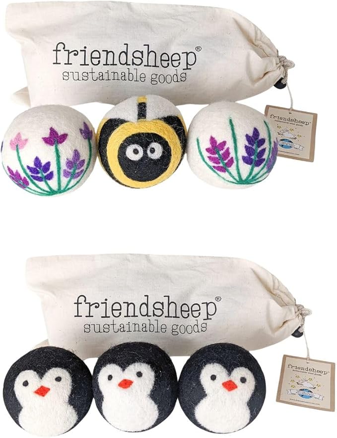 Wool Dryer Ball Bundle Lavender Fields Bee Flower + Penguin by Friendsheep