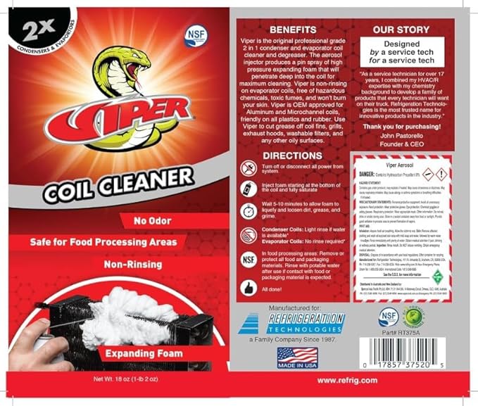 Best Refrigeration Technologies RT375A Viper Aerosol Foaming Coil Cleaner Degreaser Food Grade Expanding Foam 18oz (4)