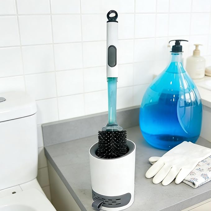 Toilet Brush Set, Silicone Toilet Bowl Scrubber & Holder - Reusable & Drip-Proof Bathroom Cleaner, Space-Saving Design for RV, Apartment; Includes Dispenser, Grey 1PCS