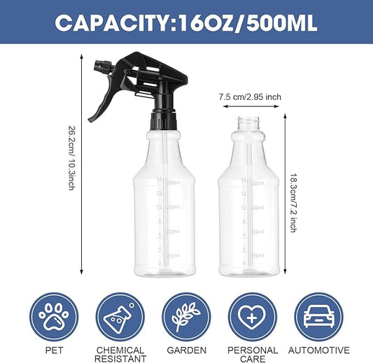 10 Pack Spray Bottles 16 oz Empty Water Spray Bottles for Cleaning Heavy Duty Refillable Squirt container with Measurements Adjustable Nozzle for Household(Black,Clear Style)