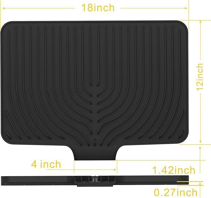 Silicone Drying Mat for Kitchen Counter , Dish Drying Rack Matt with Built in Drain, 18 Inch Dry Mats for Dishes Drying Pad for Kitchen Counter (18×12inch Extra Raised, black)