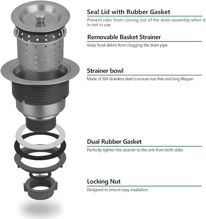 Serene Valley 3-1/2-inch Kitchen Sink Strainer Assembly, 304 Premium Stainless Steel Construction with Removable Deep Waste Basket and Sealing Lid