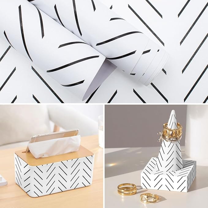 Erfoni Black and White Peel and Stick Wallpaper Modern Herringbone Contact Paper Bathroom 17.7inch x 78.7inch Geometric Removable Wall Paper Peel and Stick Self Adhesive Wallpaper
