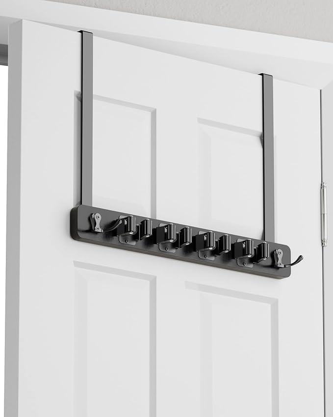BS-VOG Over the Door Broom Holder, Mop and Broom Holder Door Mount, Hanging Organizer with 4 Racks & 2 Hooks, Wooden Hanger Storage Decor, Laundry Tool Organizer for Closet Garage, No Drills