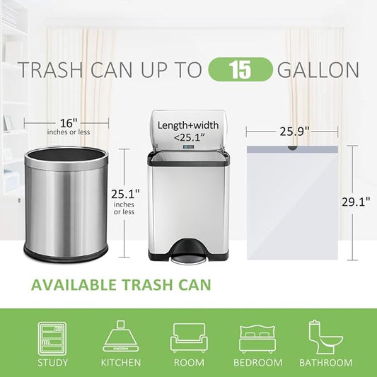 15 Gallon 120 Counts Strong Drawstring Trash Bags Garbage Bags by Teivio, Bathroom Trash Can Bin Liners, Plastic Bags for home office kitchen, White