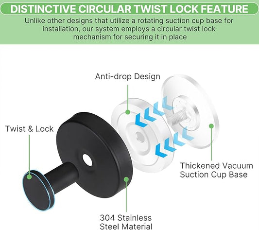 Black Waterproof Suction Cup Hooks, 2-Pack Heavy Duty Stainless Steel No Drill Shower Hooks for Hanging Towels, Robes, Loofahs, Holder Holds Strong on Tile, Glass, Mirror, Wall, Bathroom Door