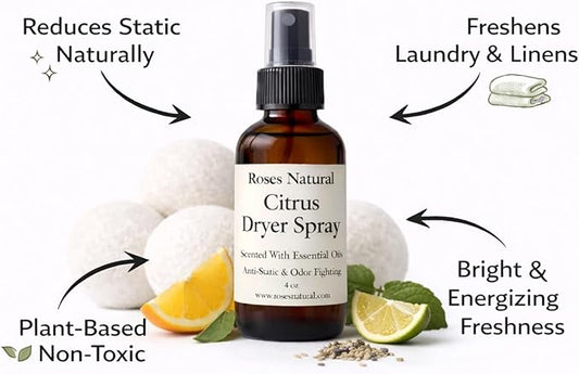 Wool Dryer Balls & Dryer Spray Bundle – 3 Reusable Dryer Balls + Plant-Based Essential Oil Dryer Spray, Natural Fabric Freshener, Anti-Static & Odor Fighting (Citrus)