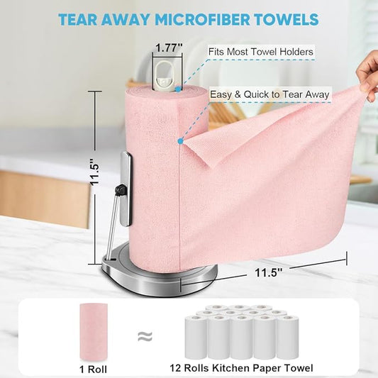 AIDEA Microfiber Cleaning Cloth Roll, 50PK, Tear Away Reusable Paper Towels Pink, Commercial Shop Rags, Microfiber Towels for Cars, Lint Free Cleaning Rags for House, Kitchen, Garage Shop, 11.5"×11.5"