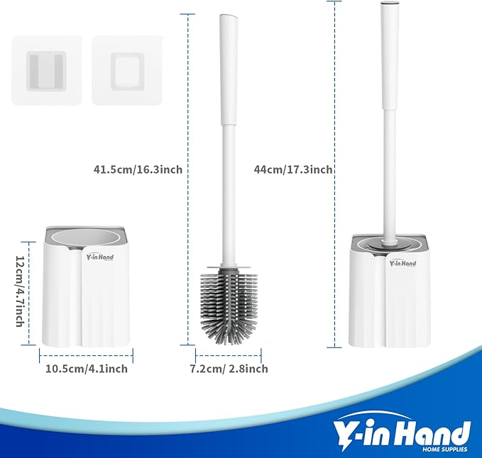Y-in Hand 2 Pack Silicone Toilet Brush, Soft Toilet Bowl Cleaner Brush Set for Deep Cleaning. Bathroom Accessories with Long Handle, Wall mountable. - White