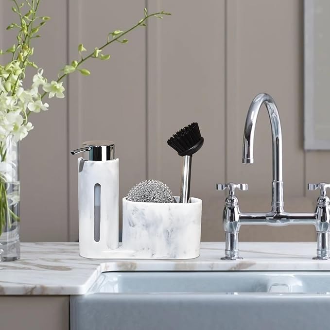 Soap Dispenser with Sponge Holder, Kitchen Soap Dispenser Pump, Sponge Caddy and Brush Holder 3 in 1 Set Organizer for Sink Countertop, Rustproof(White)