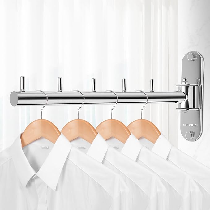 Wall Mounted Clothes Hanger Rack Swing Arm, Folding Clothes Hanger Space Saving Drying Rack Stainless Steel Laundry Room Valet Hook Holder Foldable Hanging Hook Rod for Laundry Closet Bedroom