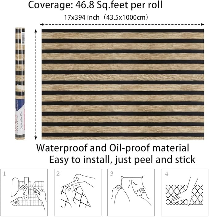 Arthome 17''x393'' Wood Slat Wallpaper,Peel and Stick Self Adhesive Wood Wallpaper PVC Vinyl Decorative Removable Wallpaper Waterproof Faux Wood Grating Stripe Contact Paper for Living Room Bedroom