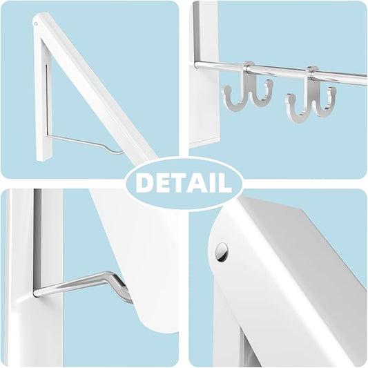 BAKON 2 Pack Clothes Drying Rack Foldable Collapsible, Folding Laundry Rack Wall Mounted Retractable Clothes Hanger for Laundry Room, Indoor & Outdoor Use, Easy Installation, Aluminum (White)
