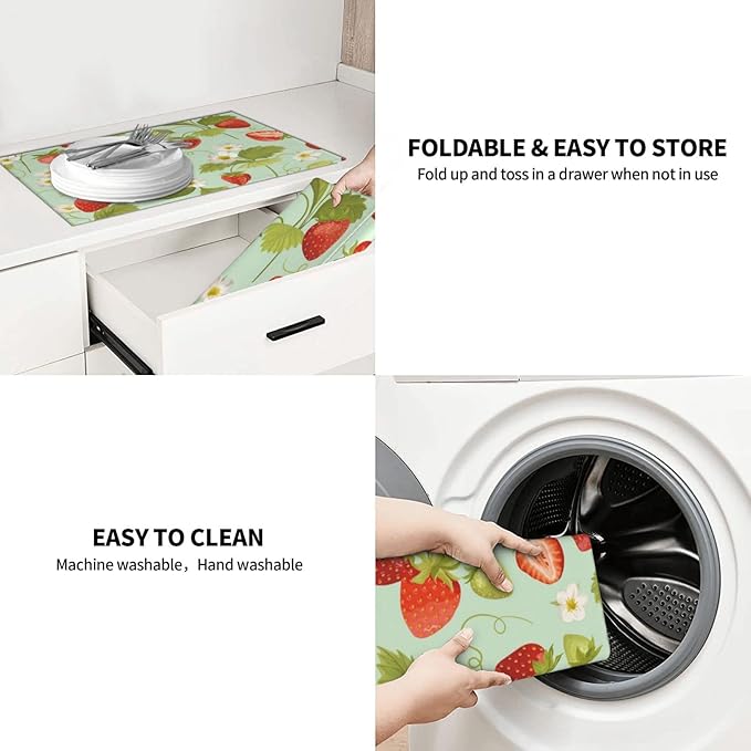 Large Dish Drying Mats For Kitchen Counter Microfiber Kitchen Drying Mat XL Draining Pad Absorbent Quick Drying Dish Mat 18x24 Inch - Strawberry