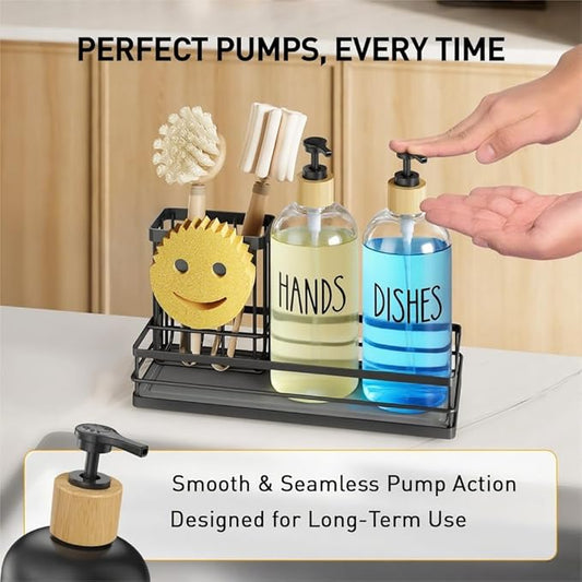 Moforoco Kitchen Dish Soap Dispenser Set, 16OZ Glass Bottle, Hand and Dish Soap Dispenser Set, Instant Dry Tray, Non-Slip Silicone Pad, Brush Holder with Sponge Holder, Kitchen Decor(Clear Bottle)
