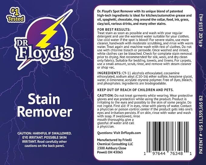 Dr Floyd's Stain Remover - Ranked #1 in Testing Against Major Brands - Prewash - Removes Grease, Oil, Food, Coffee, Blood, Sweat, Grass, Ink, dirt - works great on Clothes, Fabric, Carpet