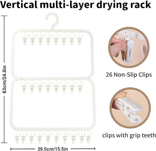 26-Clip Multi-Layer Clothes Drying Rack, BPA-Free ABS Laundry Hanger for Baby Clothes, Socks & Underwear, Heavy Duty Non-Foldable Hanger for Apartment, Nursery & Small Spaces (Off-White)
