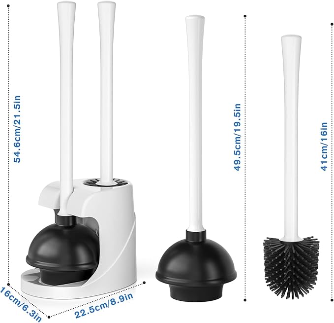 Toilet Plunger and Brush Set, Silicone Toilet Brush and Plunger with Holder for 5.7-inch Toilet Drain, 2-in-1 Toilet Brush Plunger Combo with Caddy Stand (White)