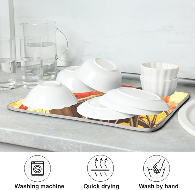 Pumpkin Sunflower Autumn Thanksgiving Dish Drying Mat for Kitchen Counter Absorbent Microfiber Drying Pad, Medium 16x18 in