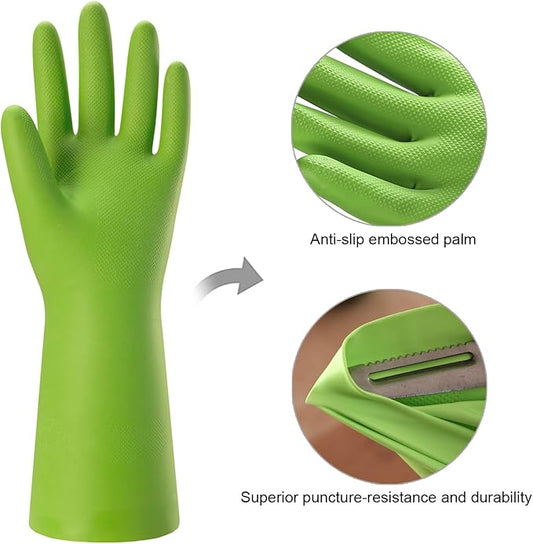 Bamllum 3 Pairs Rubber Cleaning Gloves for Household - Reusable Dishwashing Gloves for Kitchen, Flexible Long-lasting & Waterproof (Small, Green+Red+Orange)