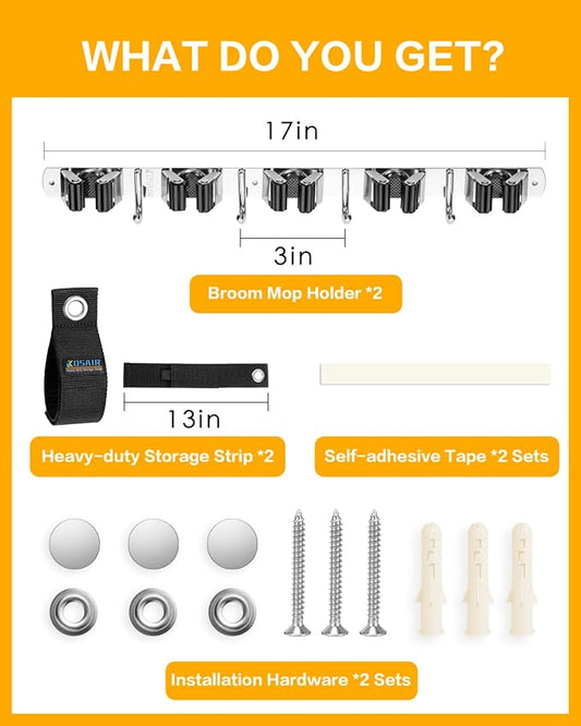 2 Pack Broom Holder Wall Mount with 13" Heavy-duty Storage Strap Kit - 5 Slots & 4 Hooks Broom Mop Holder, Heavy Duty, Stainless Steel, for Laundry Room Garage Closet Organization